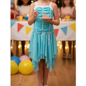 Fairycore Aqua Teal Ruched Corset White Satin Ribbons Girls 12 Sheer Cute Dress